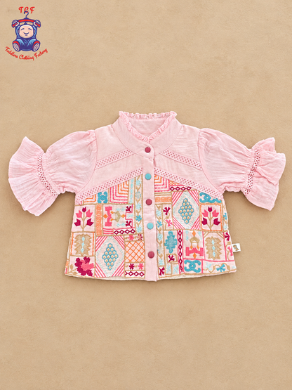 Pink Girls Printed Top & Palazzo Co-Ord Set with Flared Sleeves