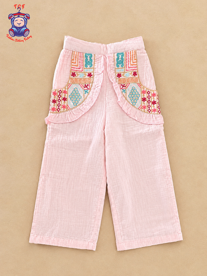 Pink Girls Printed Top & Palazzo Co-Ord Set with Flared Sleeves