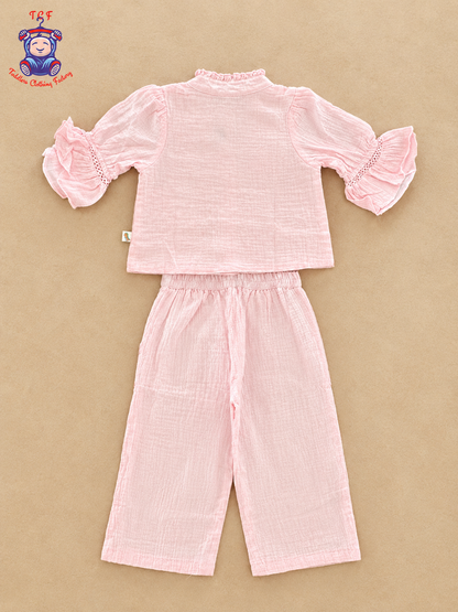 Pink Girls Printed Top & Palazzo Co-Ord Set with Flared Sleeves