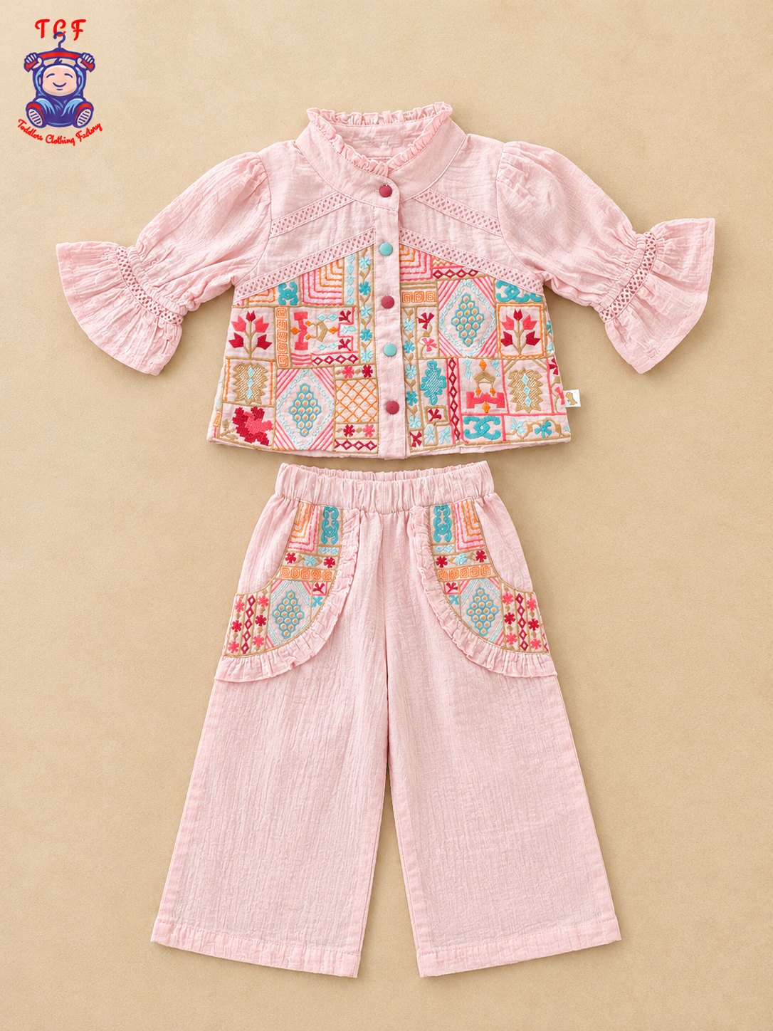 Pink Girls Printed Top & Palazzo Co-Ord Set with Flared Sleeves