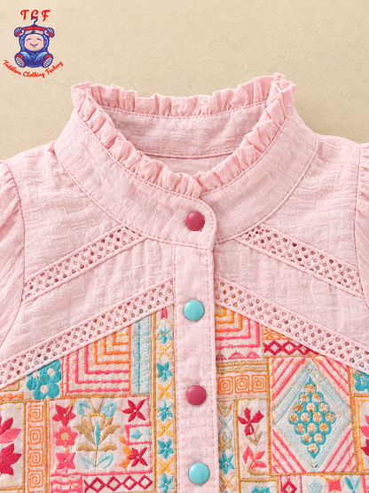 Pink Girls Printed Top & Palazzo Co-Ord Set with Flared Sleeves