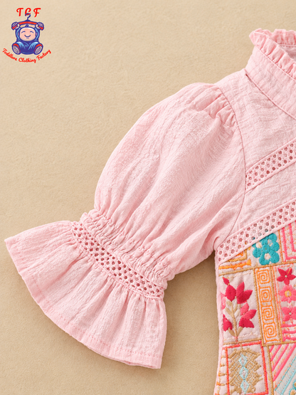 Pink Girls Printed Top & Palazzo Co-Ord Set with Flared Sleeves