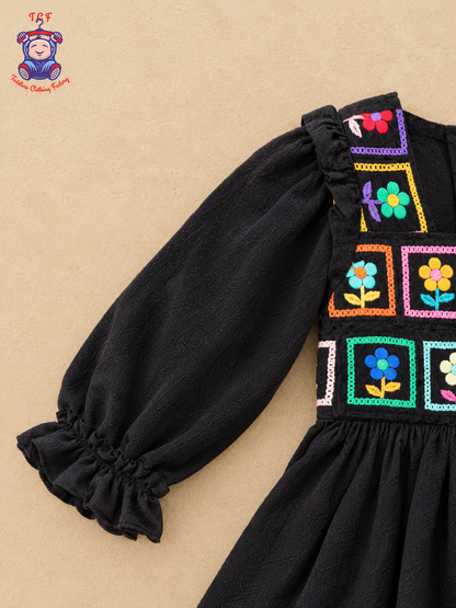 Girls Black Floral Embroidered Square Patchwork Frock with Ruffle Hem
