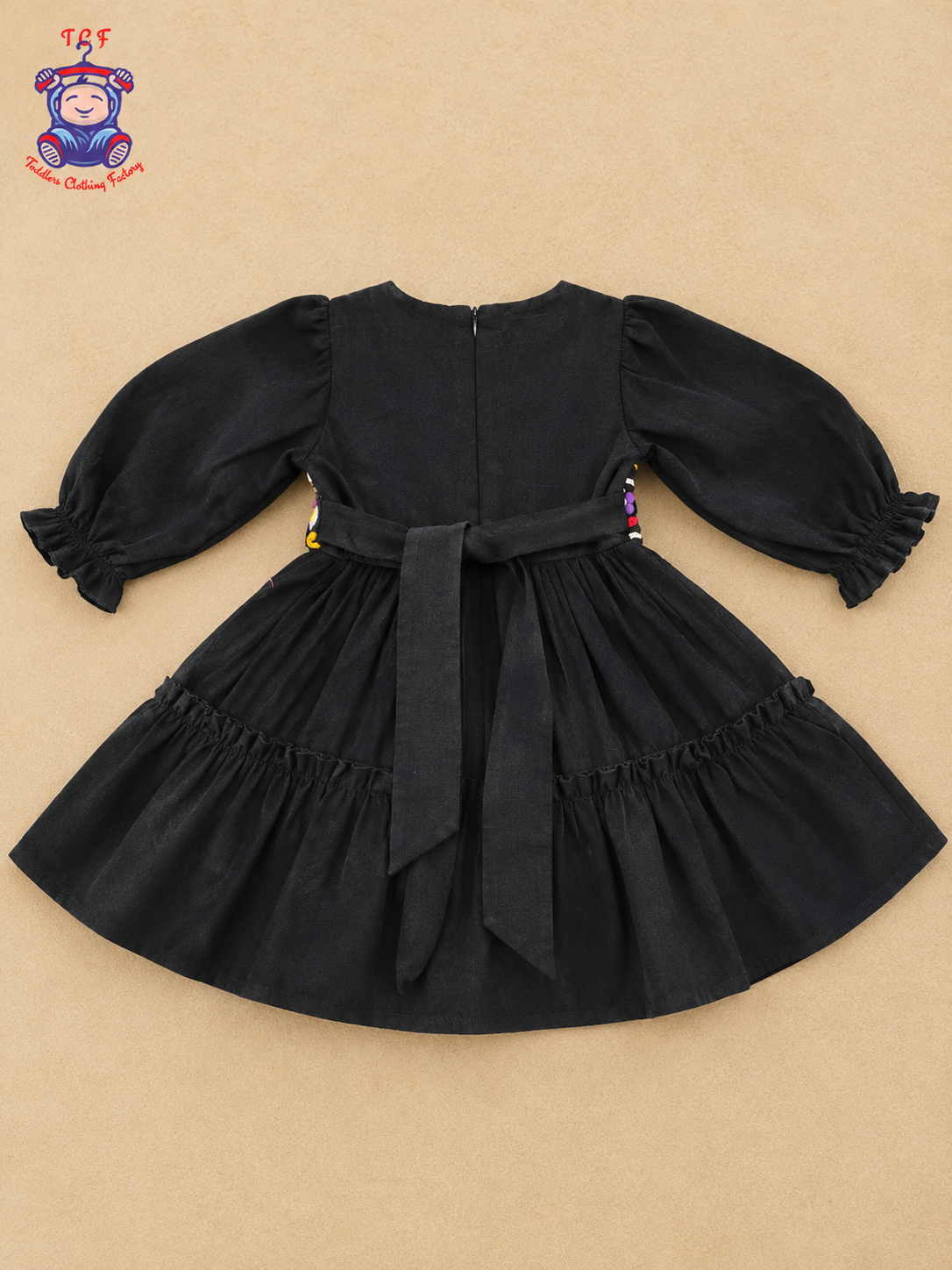Girls Black Floral Embroidered Square Patchwork Frock with Ruffle Hem