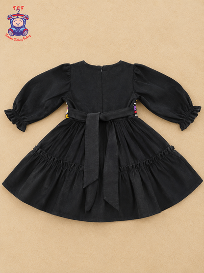 Girls Black Floral Embroidered Square Patchwork Frock with Ruffle Hem