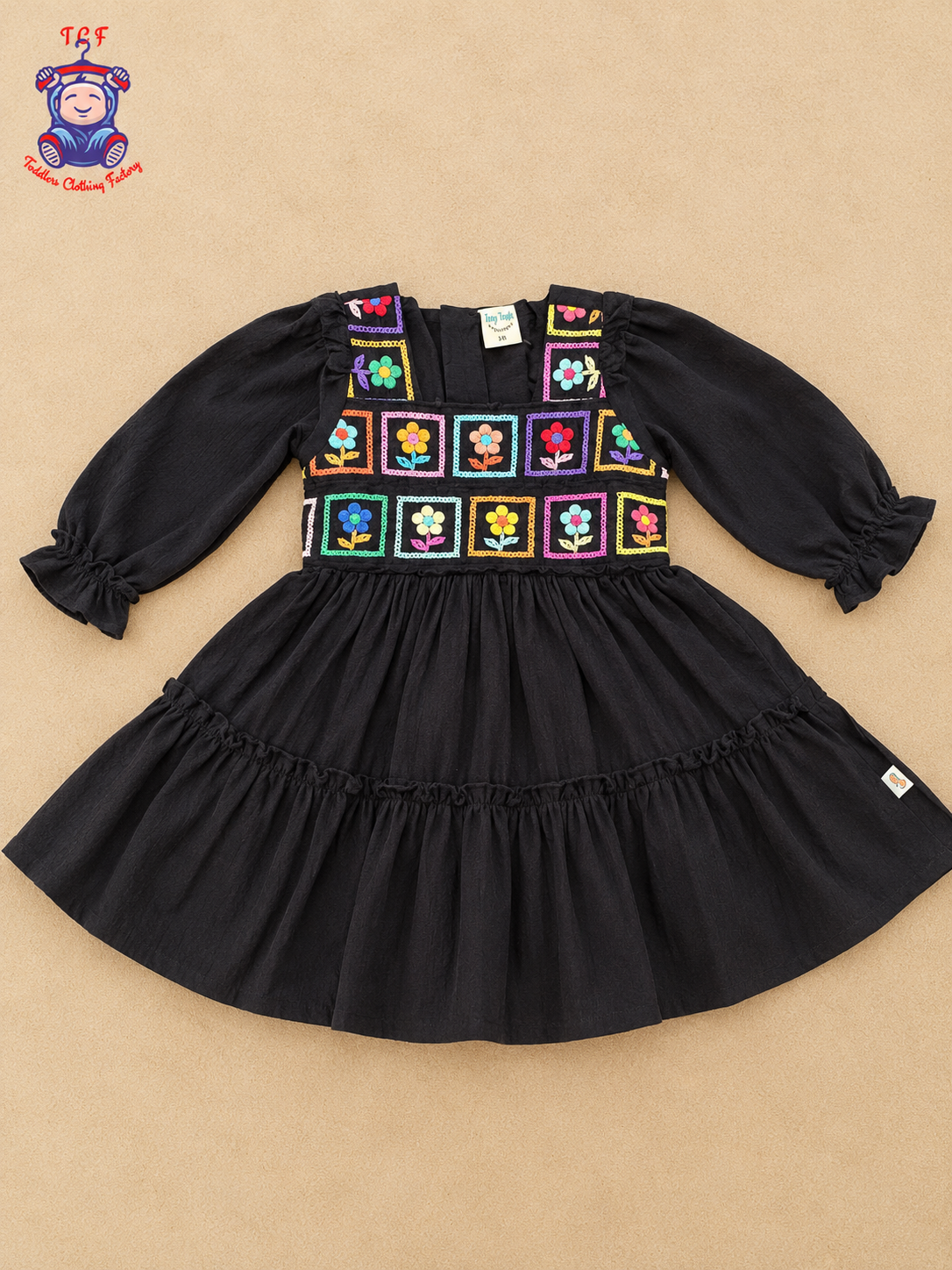Girls Black Floral Embroidered Square Patchwork Frock with Ruffle Hem