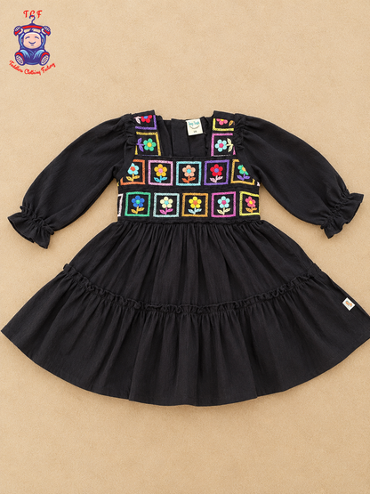 Girls Black Floral Embroidered Square Patchwork Frock with Ruffle Hem