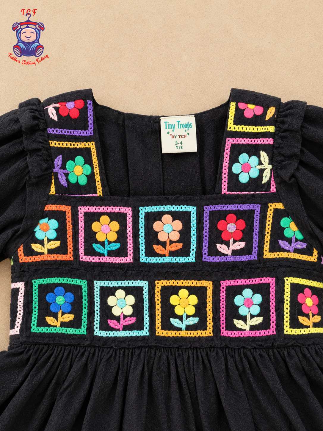 Girls Black Floral Embroidered Square Patchwork Frock with Ruffle Hem