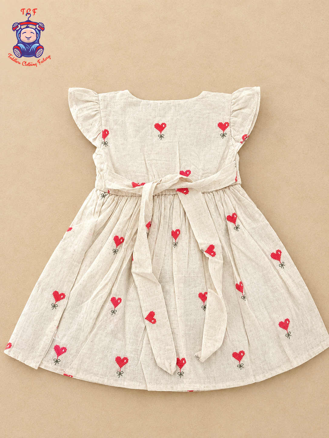 Girls Cream Cotton Frock with Red Heart Embroidery & Heart-Shaped Buttons