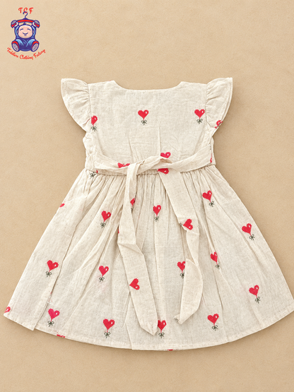Girls Cream Cotton Frock with Red Heart Embroidery & Heart-Shaped Buttons