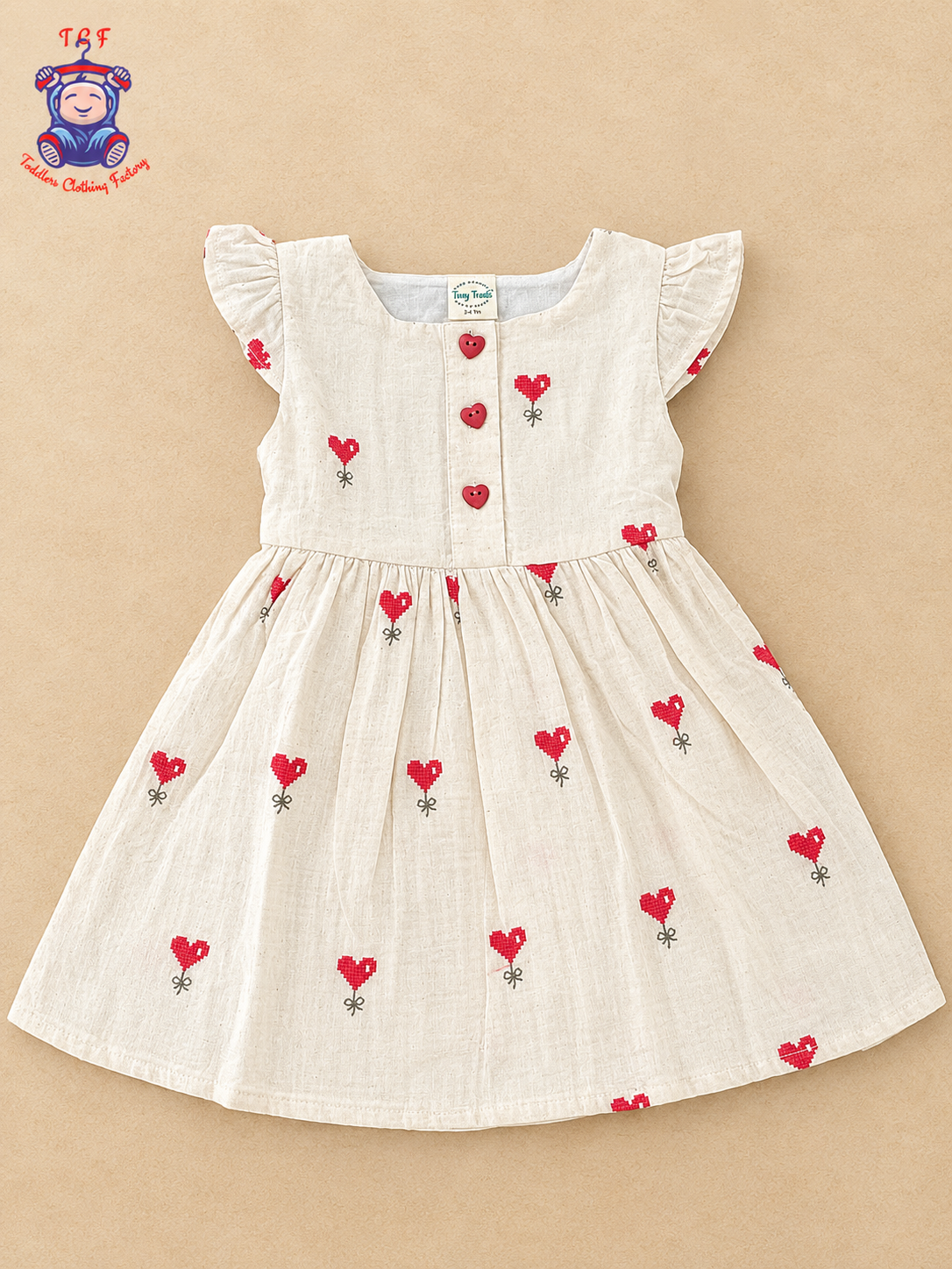 Girls Cream Cotton Frock with Red Heart Embroidery & Heart-Shaped Buttons