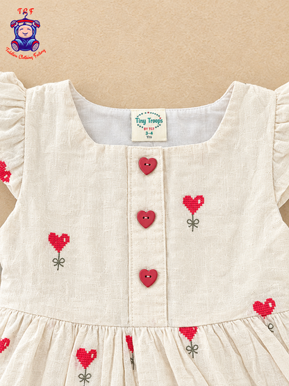 Girls Cream Cotton Frock with Red Heart Embroidery & Heart-Shaped Buttons
