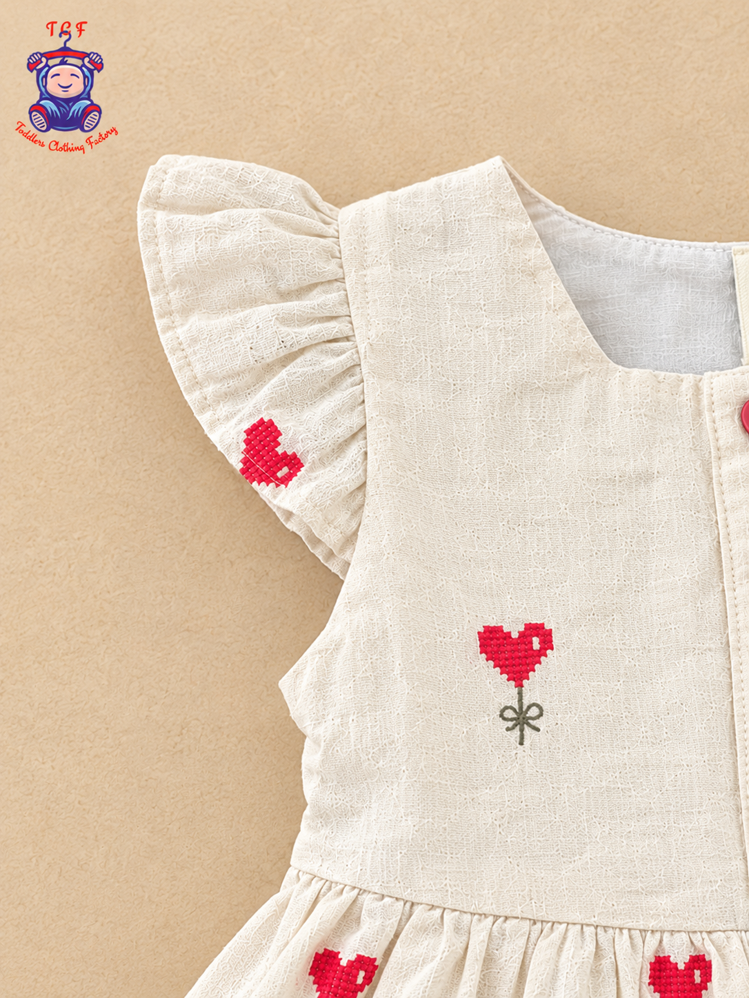 Girls Cream Cotton Frock with Red Heart Embroidery & Heart-Shaped Buttons