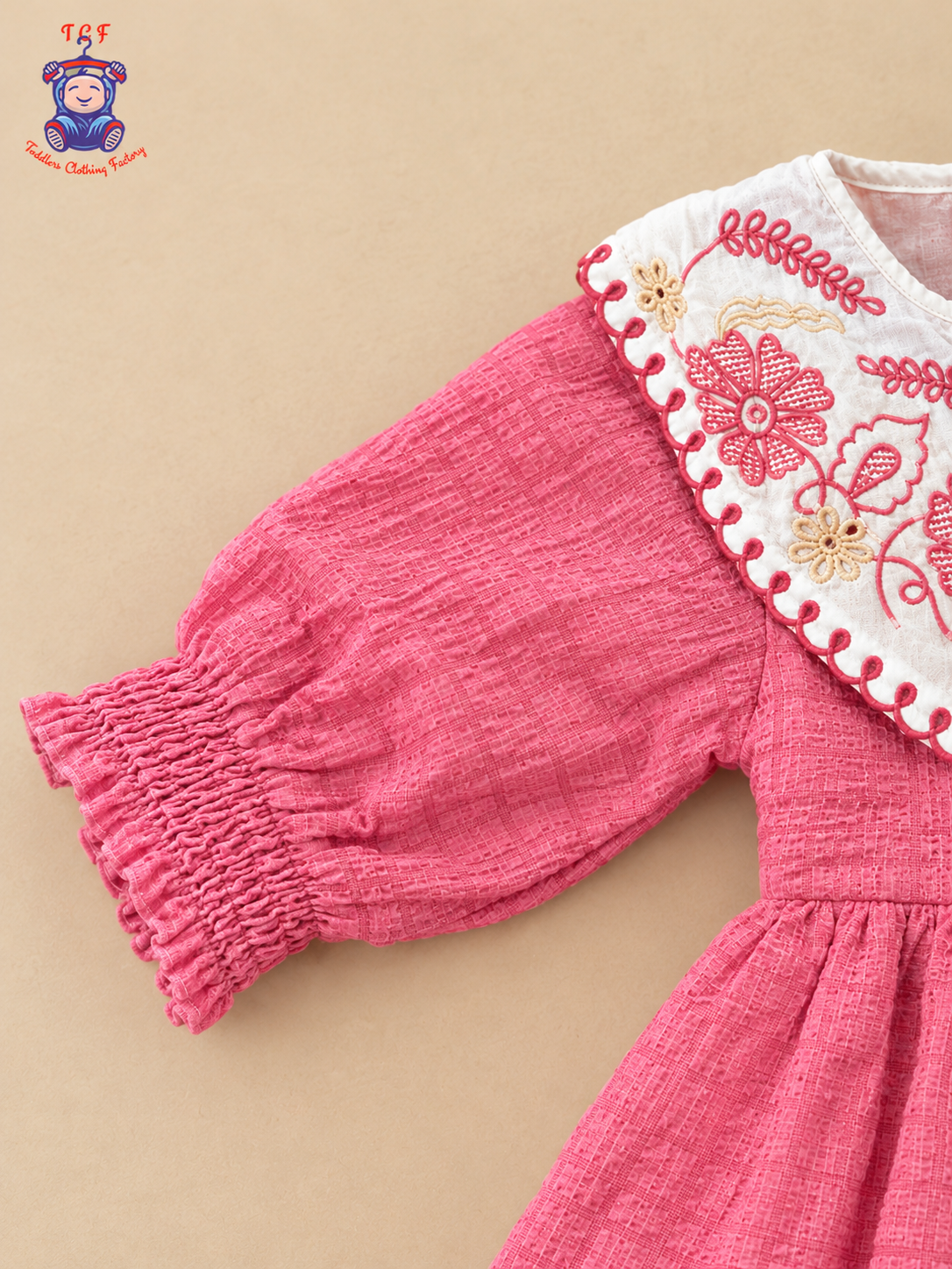 Girls Cream & Maroon Floral Embroidered Frock with Scalloped Border
