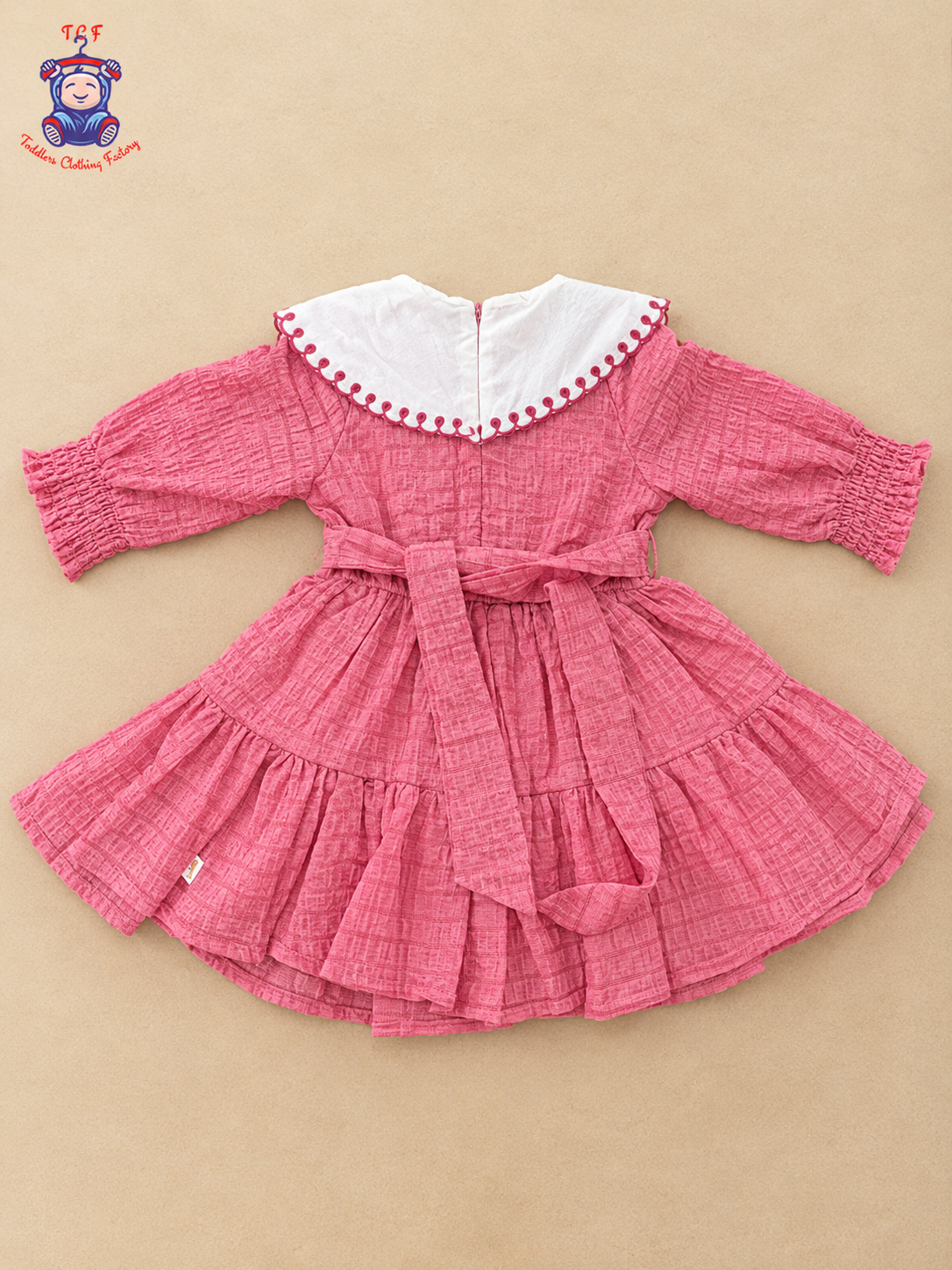 Girls Cream & Maroon Floral Embroidered Frock with Scalloped Border