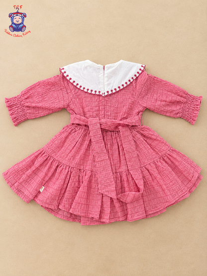 Girls Cream & Maroon Floral Embroidered Frock with Scalloped Border