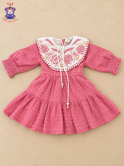 Girls Cream & Maroon Floral Embroidered Frock with Scalloped Border