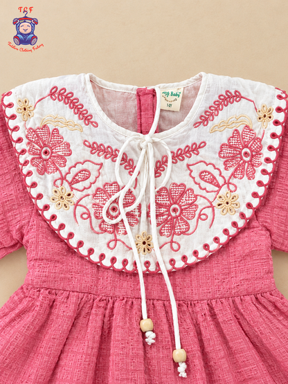 Girls Cream & Maroon Floral Embroidered Frock with Scalloped Border