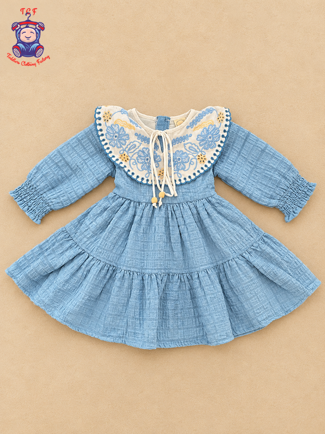 Girls White & Blue Floral Embroidered Frock with Scalloped Border