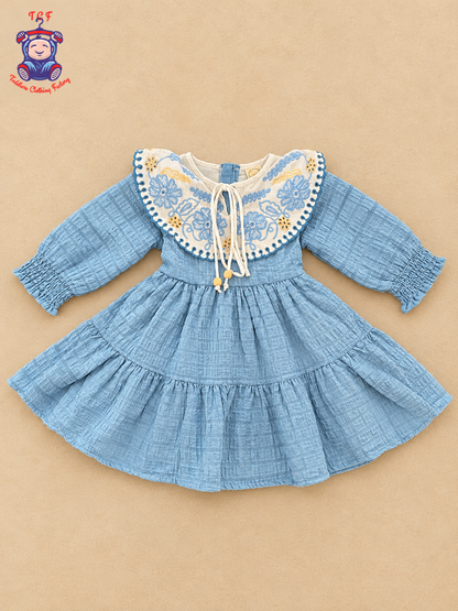 Girls White & Blue Floral Embroidered Frock with Scalloped Border