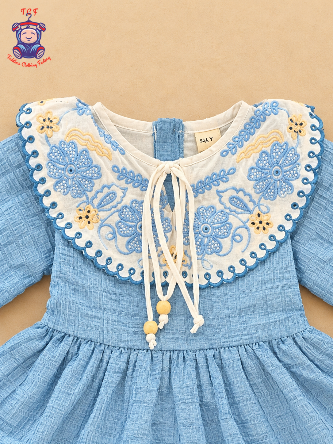 Girls White & Blue Floral Embroidered Frock with Scalloped Border