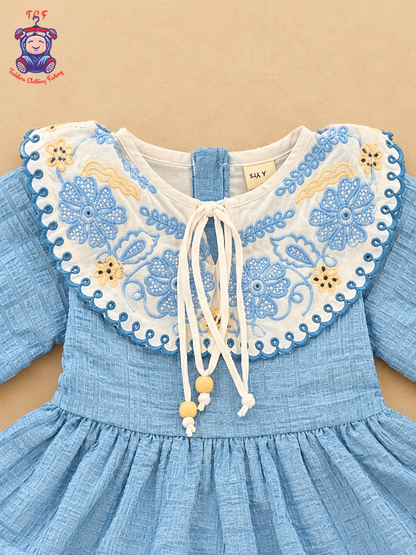 Girls White & Blue Floral Embroidered Frock with Scalloped Border