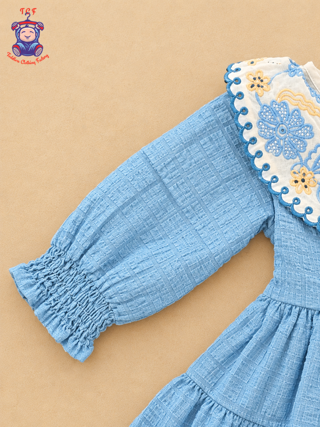 Girls White & Blue Floral Embroidered Frock with Scalloped Border