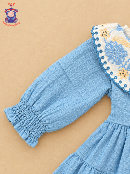Girls White & Blue Floral Embroidered Frock with Scalloped Border