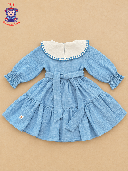 Girls White & Blue Floral Embroidered Frock with Scalloped Border