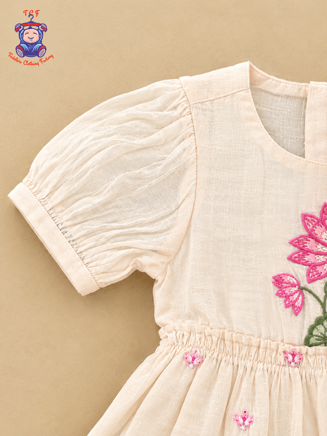 Girls Peach Beige Floral Embroidered Frock with Pink Lotus Design