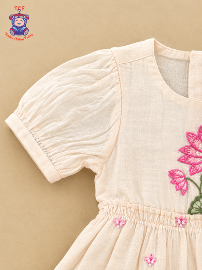 Girls Peach Beige Floral Embroidered Frock with Pink Lotus Design