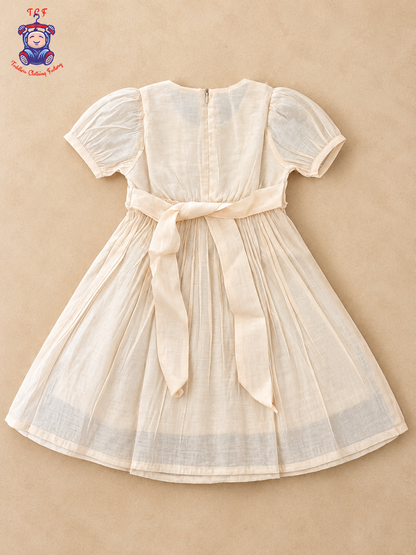 Girls Peach Beige Floral Embroidered Frock with Pink Lotus Design