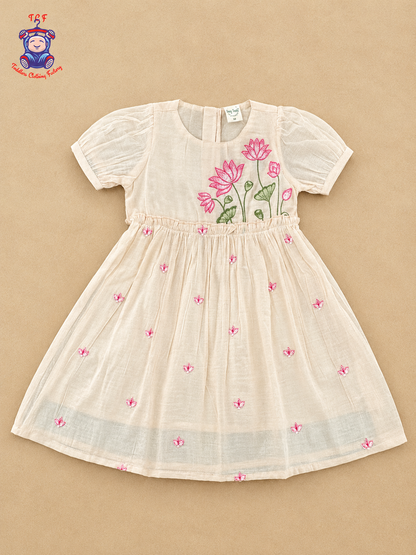 Girls Peach Beige Floral Embroidered Frock with Pink Lotus Design