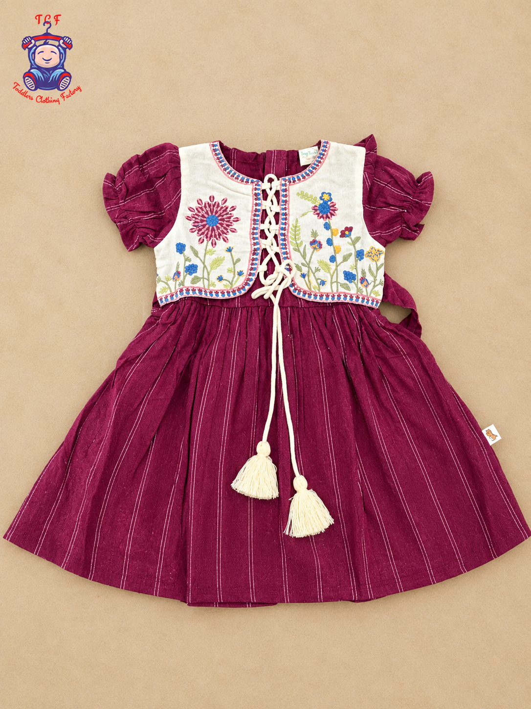 Girls Maroon & Cream Floral Embroidered Frock with Lace-Up Tassel Detail