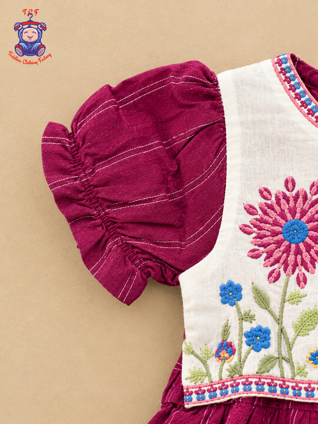 Girls Maroon & Cream Floral Embroidered Frock with Lace-Up Tassel Detail
