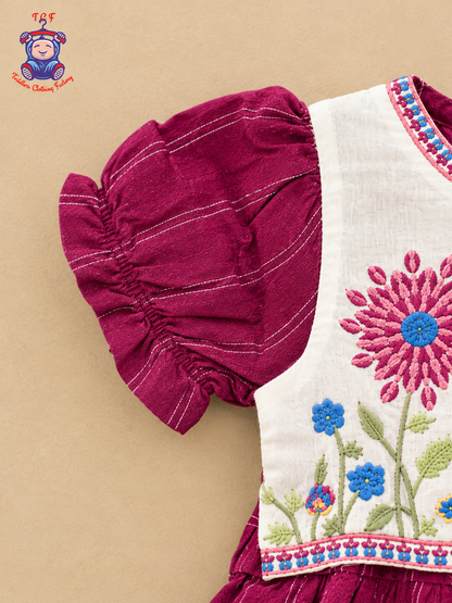Girls Maroon & Cream Floral Embroidered Frock with Lace-Up Tassel Detail