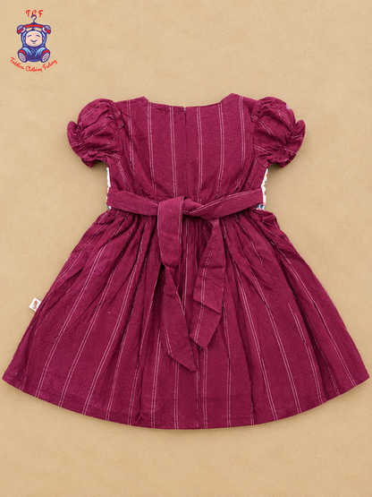 Girls Maroon & Cream Floral Embroidered Frock with Lace-Up Tassel Detail