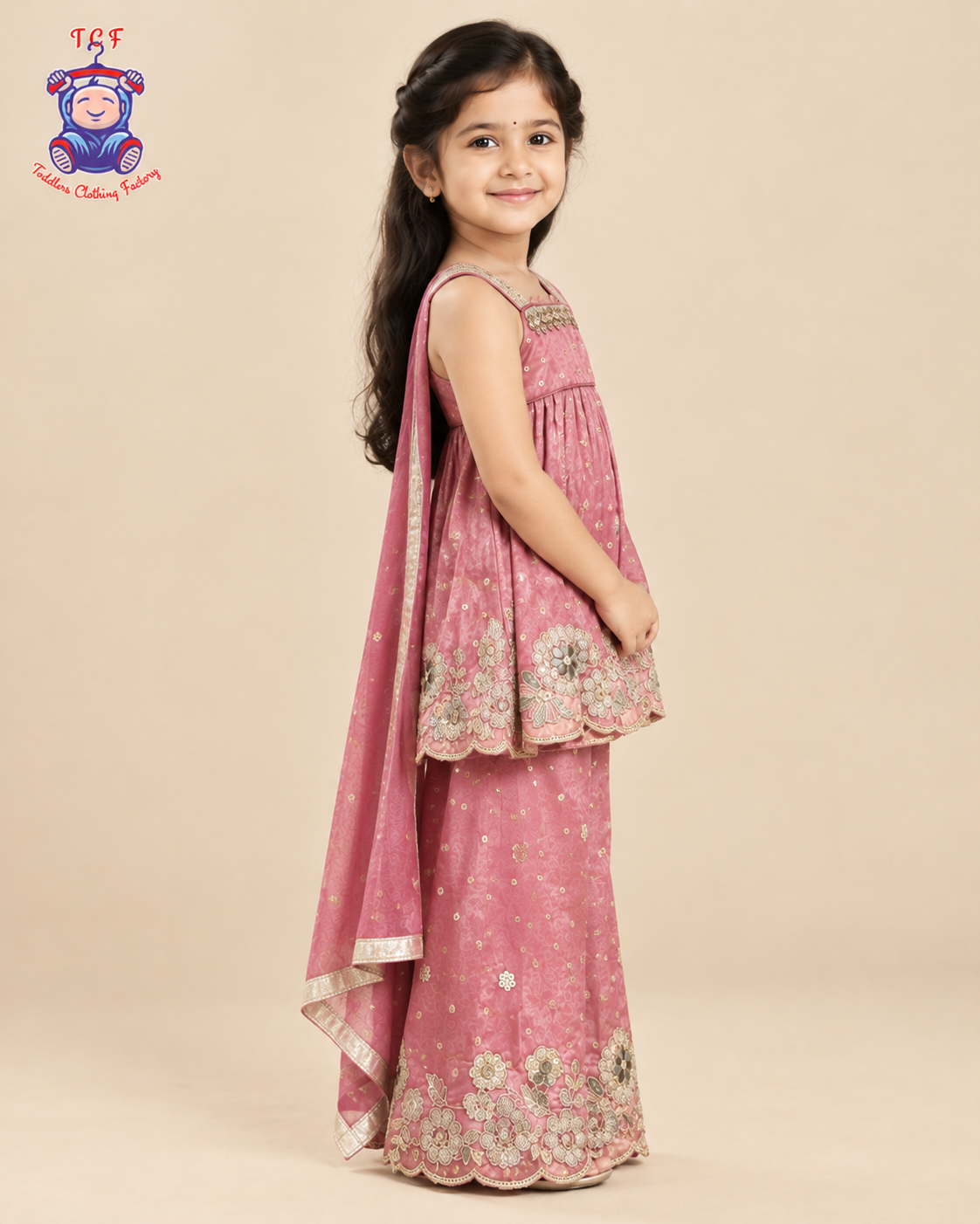 Onion Pink - Embroidered Plazzo Set with Dupatta