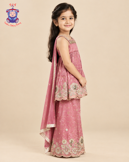 Onion Pink - Embroidered Plazzo Set with Dupatta