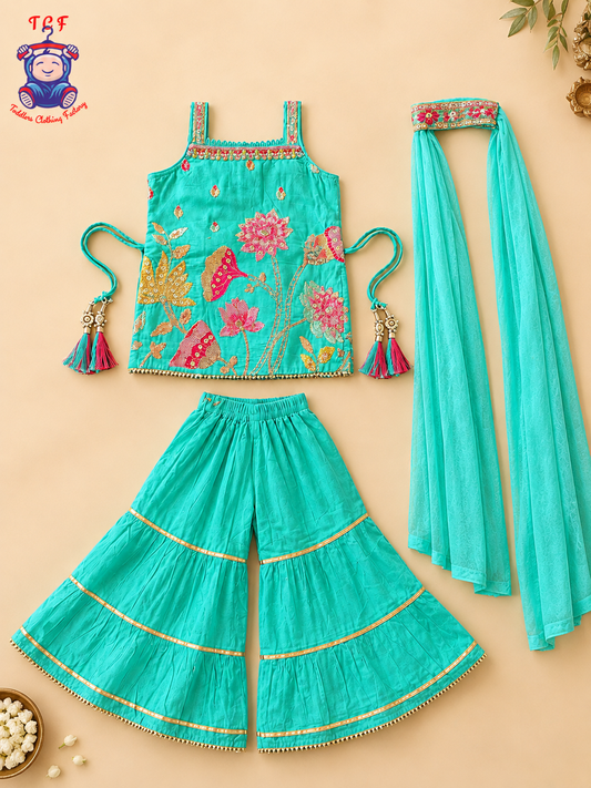 Light Blue - Zari Embroidered Sharara Set with Dupatta