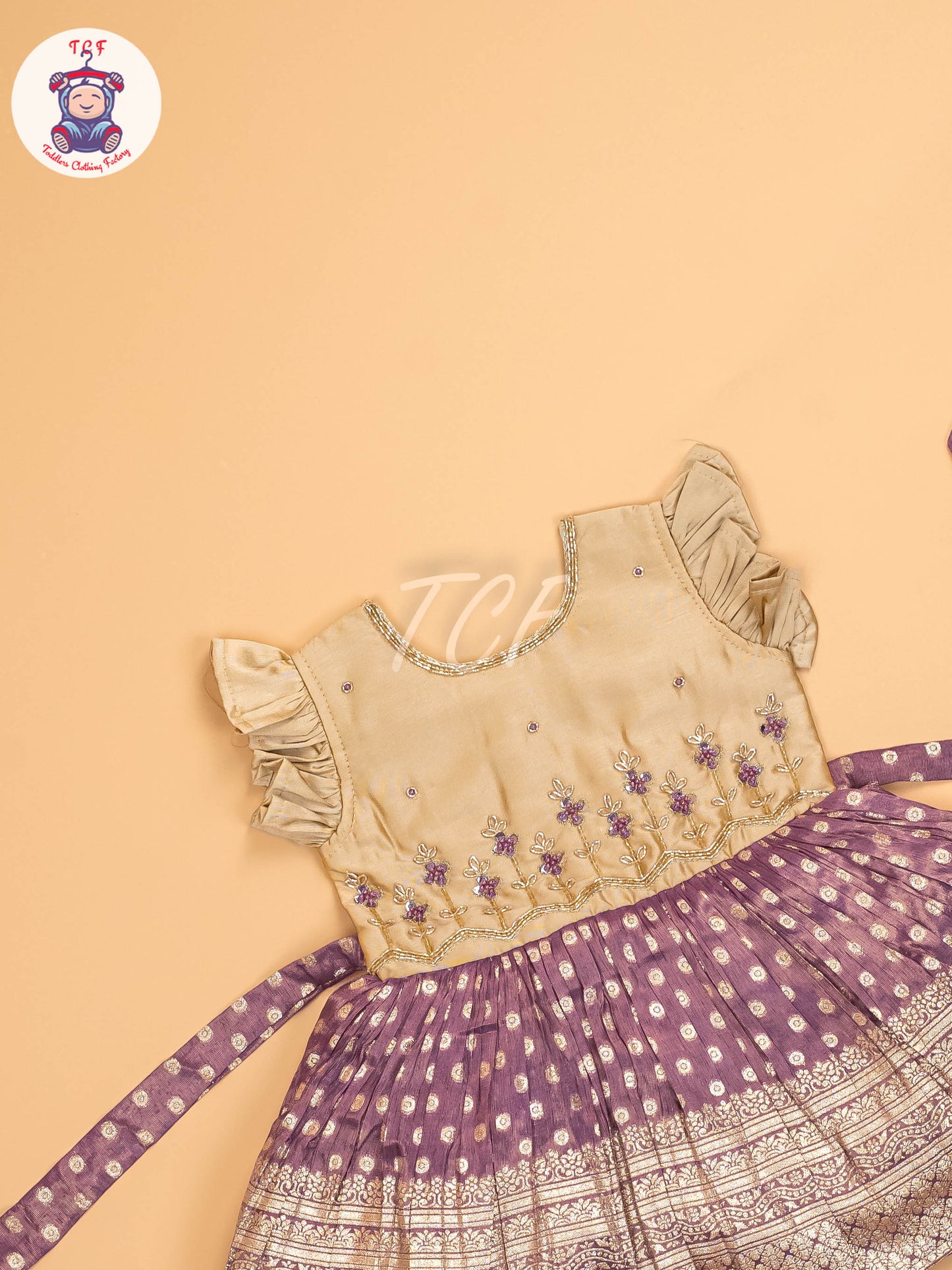 Beige & Lavender - Kids Readymade Frocks