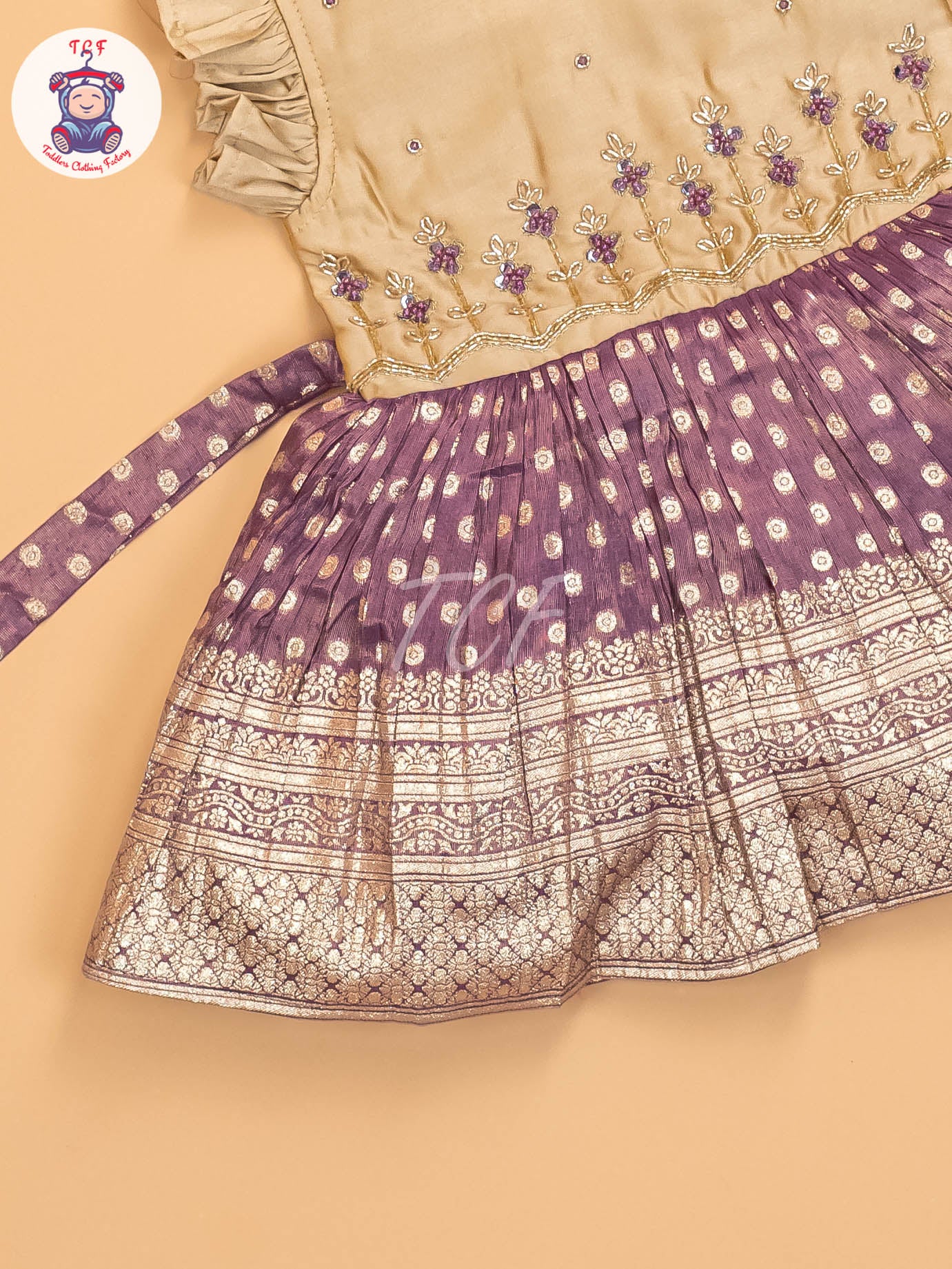 Beige & Lavender - Kids Readymade Frocks