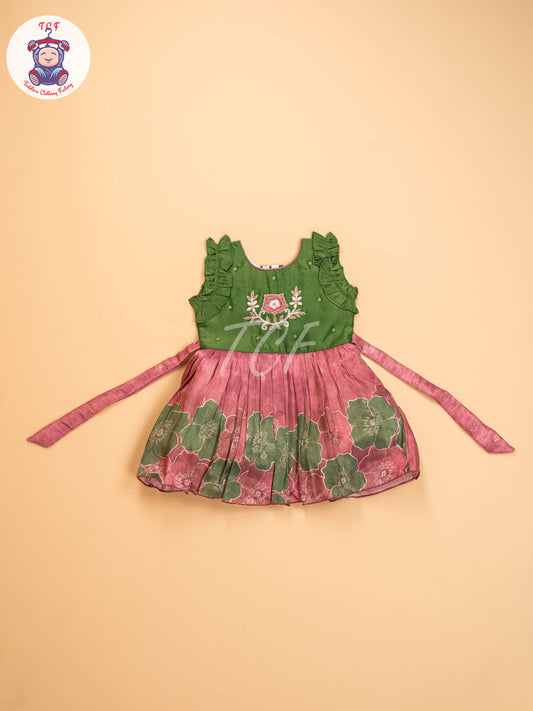 Green & Onion Pink - Kids Readymade Frocks