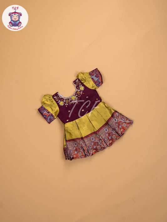 Wine & Light Green  - Kids Readymade Frocks