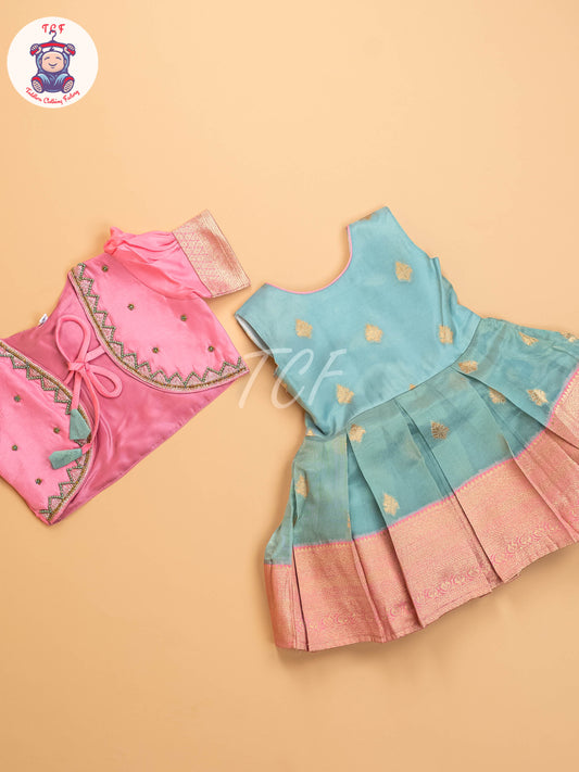 Rose Pink & Light Blue  - Kids Readymade Frocks