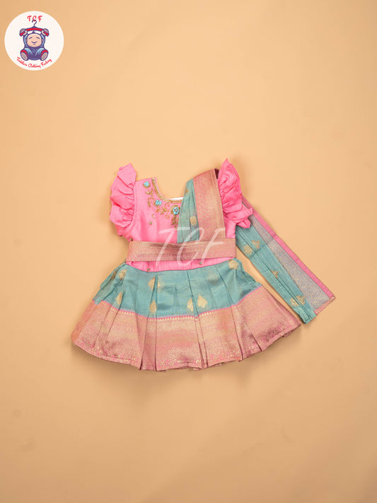 Baby Pink & Green - Kids Readymade Frocks