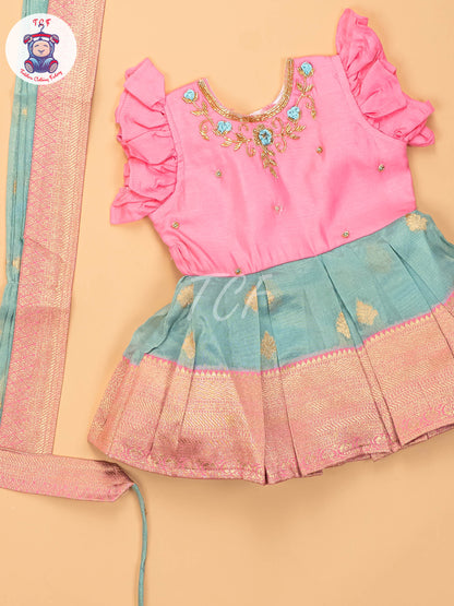 Baby Pink & Green - Kids Readymade Frocks