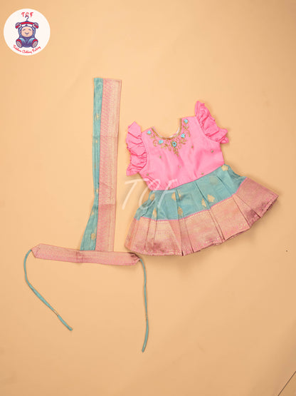 Baby Pink & Green - Kids Readymade Frocks