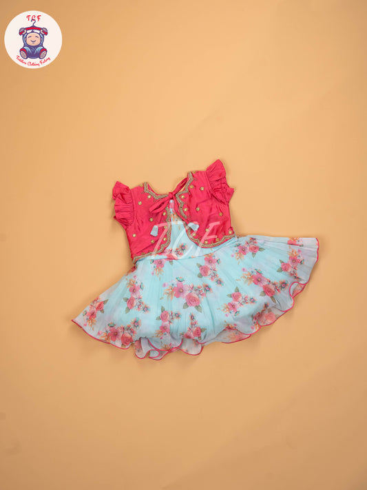 Pink & Sky Blue Floral - Kids Readymade Frocks