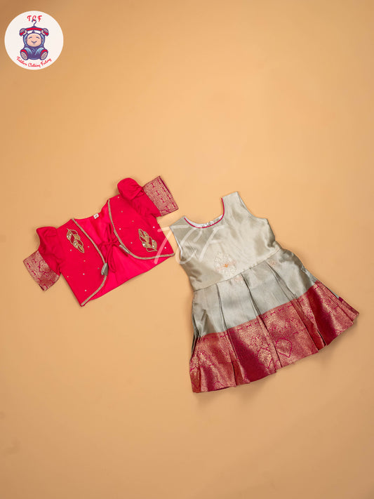 Pink & Light Grey - Kids Readymade Frocks